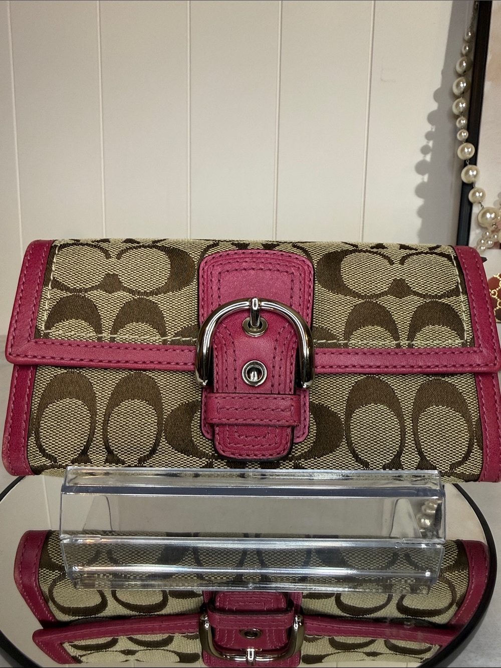 Coach Signature Canvas Wallet with Pink Trim